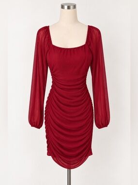 Ruched Burgundy Long-Sleeve Red Mini Dress